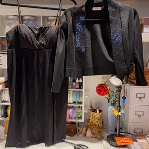 Calvin Klein black sequined cocktail dress and sweater.
